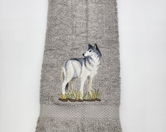 In Stock - Ready To Ship - Wolf on Silver Gray - Embroidered Hand Towel - Free Shipping