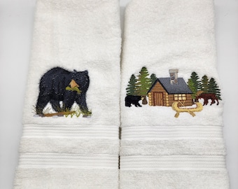 Cabin in Woods and Black Bear Pair of Embroidered Hand Towels