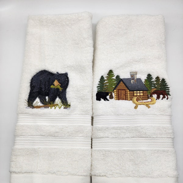 Cabin in Woods and Black Bear Pair of Embroidered Hand Towels - Free Shipping