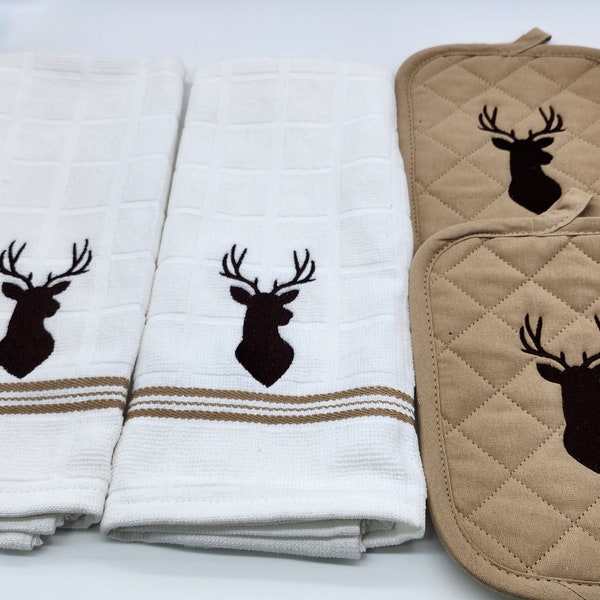 4 Piece Embroidered Kitchen Towel Set - Deer Buck- Order as sets or individually - Free Shipping