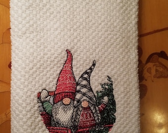 Christmas Gnomes In Red Truck - Embroidered Cotton Kitchen Towel - Order One or More - Kitchen Decoration - Fun Towel