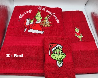 Grinch Merry Christmas - Embroidered Towels - Order Set or Individually - Pick Towel Color- Bath Sheet, Bath Towel, Hand Towel and Washcloth