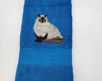 Himalayan Cat on Turquoise - Embroidered Hand Towel - Free Shipping