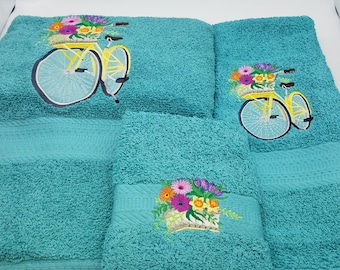 Summer Bike  - 3 Piece Embroidered Towel Set - Bath Towel, Hand Towel and Washcloth  - In Stock - Ready To Ship