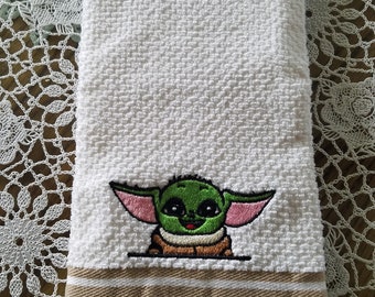 Baby Yoda/GoGru - Embroidered Cotton Kitchen Towel - Choice of Towel Color - Order One or More