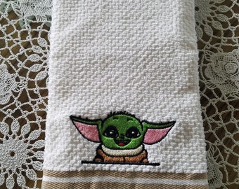 Baby Yoda/GoGru - Embroidered Cotton Kitchen Towel - Choice of Towel Color - Order One or More - Free Shipping