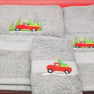 Small Red Christmas Truck on Gray - 3 Piece Embroidered Towel Set - Bath Towel, Hand Towel and Washcloth - Ready To Ship