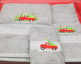 Small Red Christmas Truck on Gray - 3 Piece Embroidered Towel Set - Bath Towel, Hand Towel and Washcloth - Ready To Ship