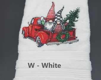 Red Truck Christmas Gnome  - Embroidered Hand Towel - Face Towel - Order One or More - Christmas Towel - Bathroom Decor