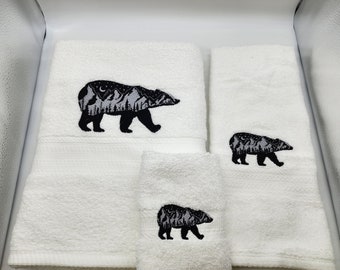 Black Bear with Scene - Embroidered Towels - Order Individually or Set - Choose Towel Color-Bath Sheet, Bath Towel, Hand Towel and Washcloth