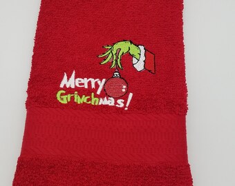 Merry Grinchmas on Red Hand Towel - Free Shipping - Ready to Ship - In Stock