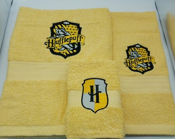 Ready To Ship - Harry Potter - Hufflepuff on Butter Yellow - 3 Piece Embroidered Towel Set - Bath Towel, Hand Towel and Washcloth