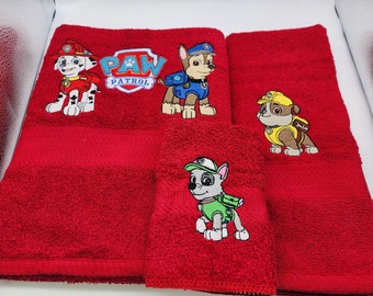 Ready To Ship - Paw Patrol on Red - 3 Piece Embroidered Towel Set - Bath Towel, Hand Towel and Washcloth - Free Shipping