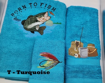 Fly Fishing Bass Born to Fish Embroidered Towels * Choose Your Size of Set and Towel Color - Bath Sheet, Bath Towel, Hand Towel & Washcloth