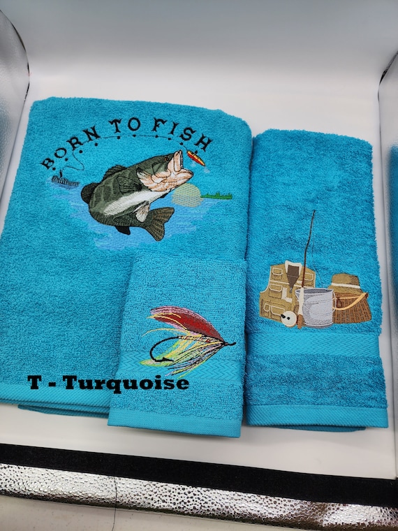 Fly Fishing Bass Born to Fish Embroidered Towels Choose Your Size of Set  and Towel Color Bath Sheet, Bath Towel, Hand Towel & Washcloth 