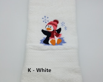 Penguin - Embroidered Hand Towels - Face Towel - Winter Hand Towel - Order One or More - Bathroom Decoration - Free Shipping