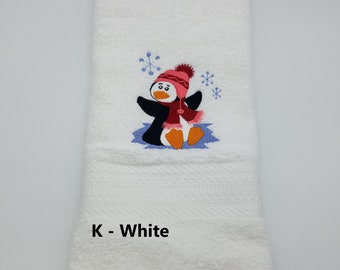 Penguin - Embroidered Hand Towels - Face Towel - Winter Hand Towel - Order One or More - Bathroom Decoration