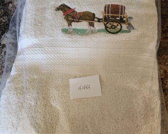 Horse and Cart on Ivory Embroidered Bath Towel - Ready To Ship