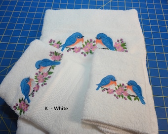 Blue Birds -Embroidered Towels - Bath Towel, Hand Towel and Washcloth - Order Set or Individually - FREE SHIPPING