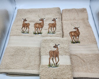 Deer Trio on Sandstone Embroidered Bath Towel Set - Bath Towel, Hand Towel and Washcloth - Ready To Ship - Free Shipping