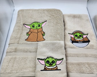Baby Yoda on Beige 3 Piece Embroidered Towel Set - Bath Towel, Hand Towel and Washcloth - Ready To Ship
