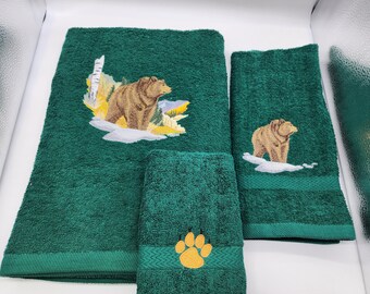 Grizzly on Hunter Green  - 3 Piece Embroidered Towel Set - Bath Sheet, Hand Towel and Washcloth