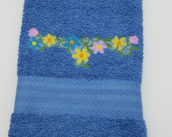 In Stock - Ready To Ship - Colorful Flowers on Light Blue - Embroidered Hand Towel - Face Towel - Free Shipping