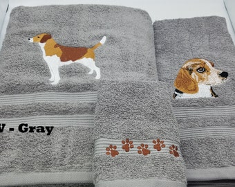 Beagle - Embroidered Towels - Choose Size of Set & Towel Color - Bath Sheet, Bath Towel, Hand Towel and Washcloth - FREE SHIPPING