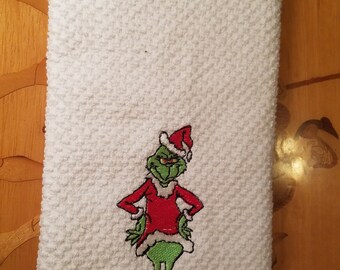 The Grinch Full Body Hands on Hips - Embroidered Cotton Kitchen Towel - Order One or More - Kitchen Decor - Free Shipping