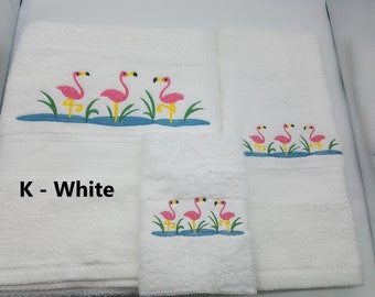Pink Flamingo Trio Embroidered Towels - Pick Your Size of Set & Towel Color - Bath Sheet, Bath Towel, Hand Towel, Washcloth