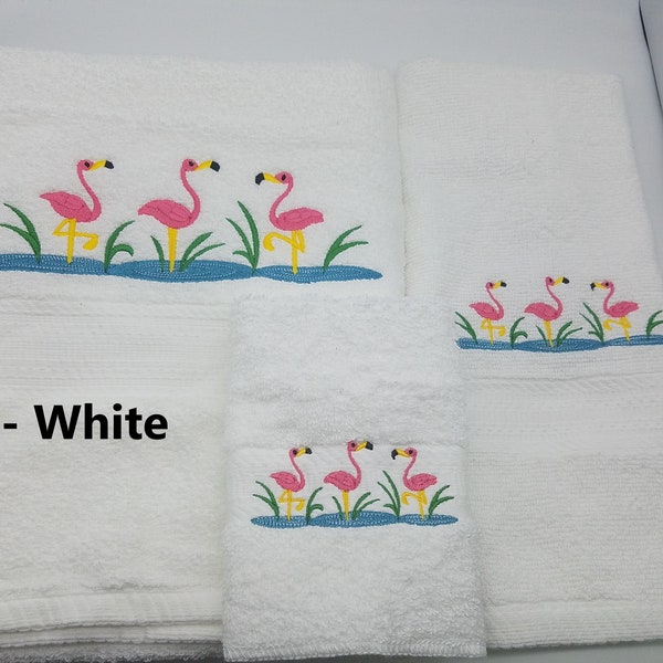 Pink Flamingo Trio Embroidered Towels - Pick Your Size of Set & Towel Color - Bath Sheet, Bath Towel, Hand Towel, Washcloth - Free Shipping