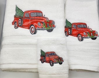 Ready To Ship - Christmas Truck on White - 3 Piece Embroidered Towel Set - Bath Towel, Hand Towel and Washcloth
