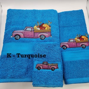 Fall Old Truck- Embroidered Towels - Pick Color of Towel and Set or Individually - Bath Sheet, Bath Towel, Hand Towel and Washcloth