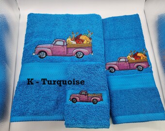 Fall Old Truck- Embroidered Towels - Pick Color of Towel and Set or Individually - Bath Sheet, Bath Towel, Hand Towel and Washcloth