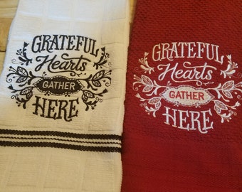 Grateful Hearts Gather Here - Embroidered Cotton Kitchen Towel