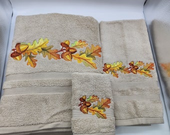 Fall Leaves Bath Towel Set on Beige - Ready To Ship - 3 Piece Embroidered Towel Set Bath Towel, Hand Towel & Washcloth - Free Shipping