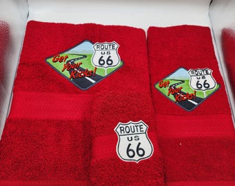 Route 66 - Embroidered Bath Towel Set - Order Set or Individually -  Pick Color of Towel - Bath Sheet, Bath Towel, Hand Towel and Washcloth