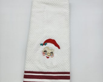 Santa Face on White with Red Stripe - Embroidered Cotton Kitchen Towel - Kitchen Decor - Free Shipping