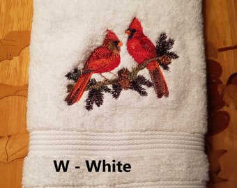 Red Birds/Cardinals  - Embroidered Hand Towel - Face Towel - Order One or More - Choice of Towel Color