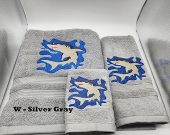 Shark - Embroidered Towels - Order Individually or  Set - Choose Towel Color - Bath Sheet, Bath Towel, Hand Towel and Washcloth