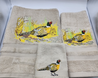 Pheasant - Embroidered Towels - Pick Color of Towel, Set or Individual Towels - Bath Sheet, Bath Towel, Hand Towel & Washcloth