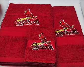 Ready To Ship - St Louis Cardinals on Red  - 3 Piece Embroidered Towel Set - Bath Towel, Hand Towel and Washcloth
