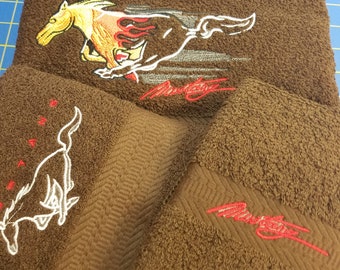 In Stock - Ready To Ship - Mustang on Brown  - 3 Piece Embroidered Towel Set - Bath Towel, Hand Towel and Washcloth - Free Shipping