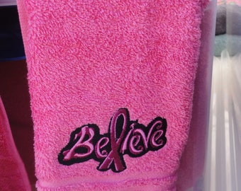 In Stock - Ready To Ship - Breast Cancer Believe on Pink Embroidered Hand Towel - Face Towel - Free Shipping