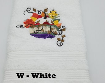 Embroidered Hand Towel - Fall Harvest Basket - Face Towel - Order One or More - Pick Color of Towel - Bathroom Decoration -  Free Shipping