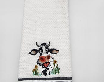 Wide Eyed Cow on White with Gray Stripe - Embroidered Cotton Kitchen Towel - Ready To Ship