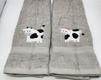 Cows - Pair or Individual - Embroidered Hand Towels - Face Towel - Choice of Towel Color - Order One or More