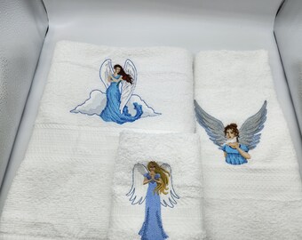 Angels on White - 3 Piece Embroidered Towel Set - Bath Towel, Hand Towel and Washcloth - Ready To Ship