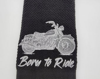 Ready to Ship - In Stock - Born To Ride on Black - Embroidered Cotton Kitchen Towel - Free Shipping