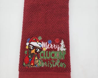 Merry Cluckin Christmas - Embroidered Cotton Kitchen Towel - Choice of Towel Color - Order One or More